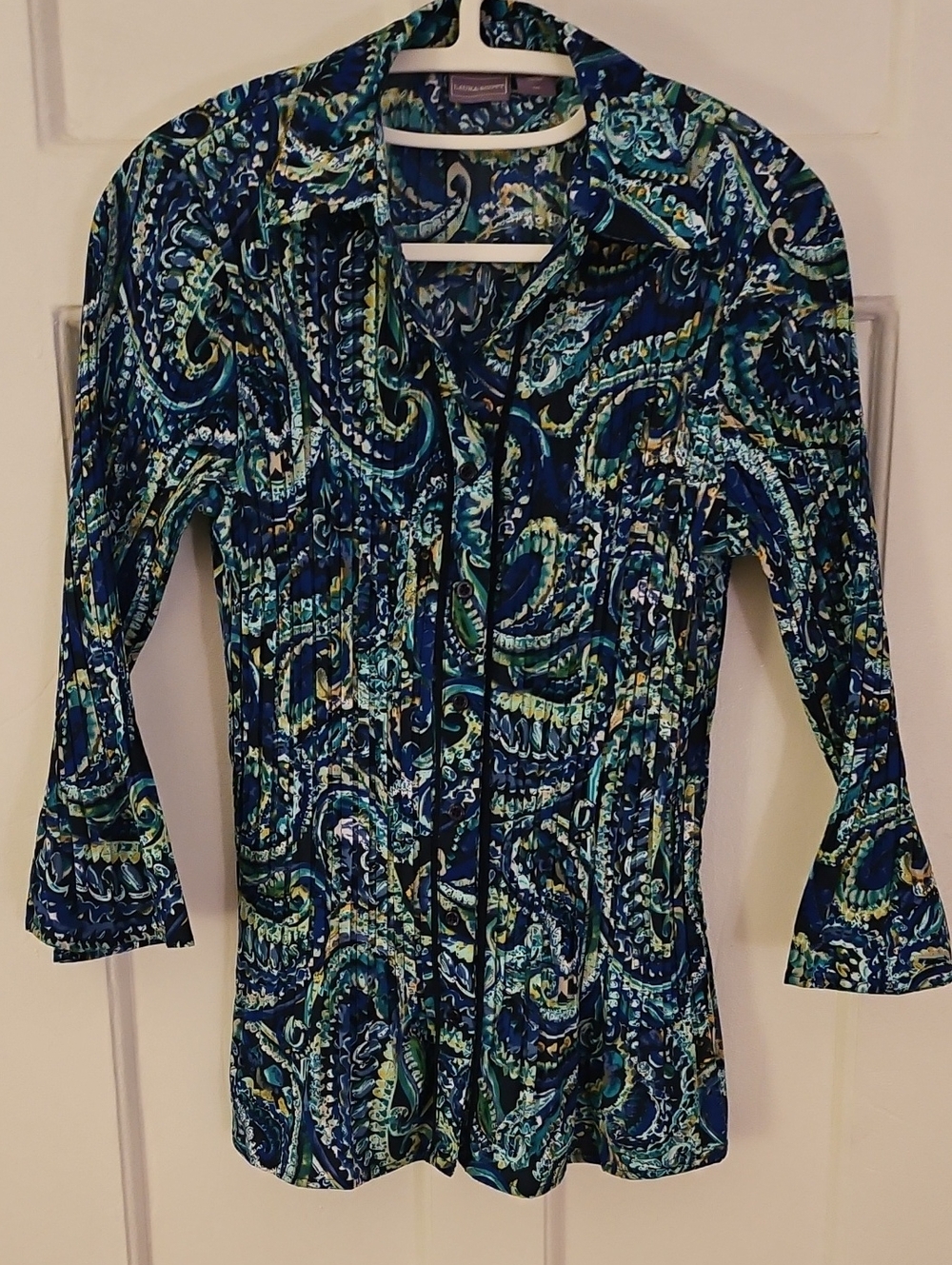 Laura Scott Navy and Teal Paisley Button-Down Shirt